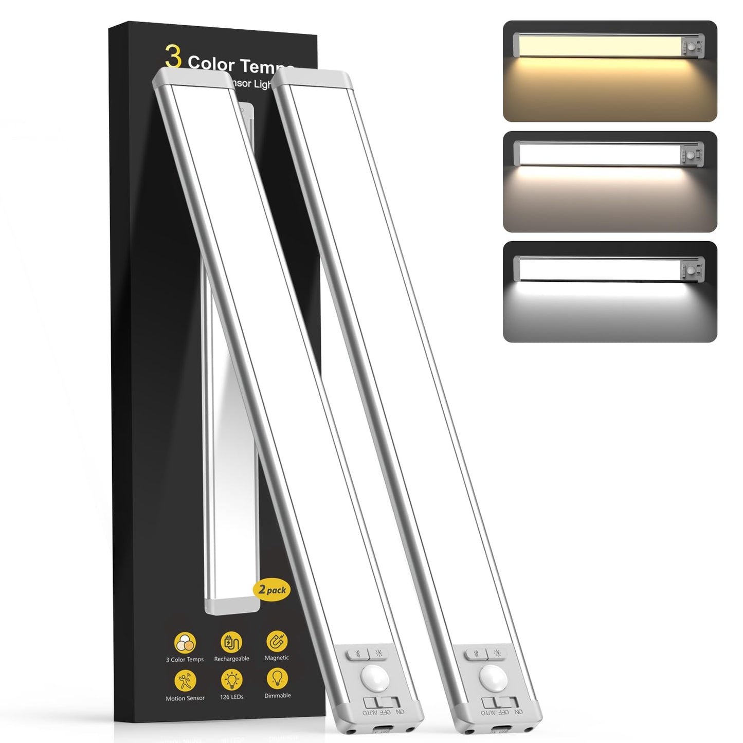 10inch Under Cabinet Lighting, 2 Pack Rechargeable Motion Sensor Light Indoor, 5 Levels Dimmable Magnetic Closet Lights, Wireless Under Counter Lights for Kitchen, Stairs