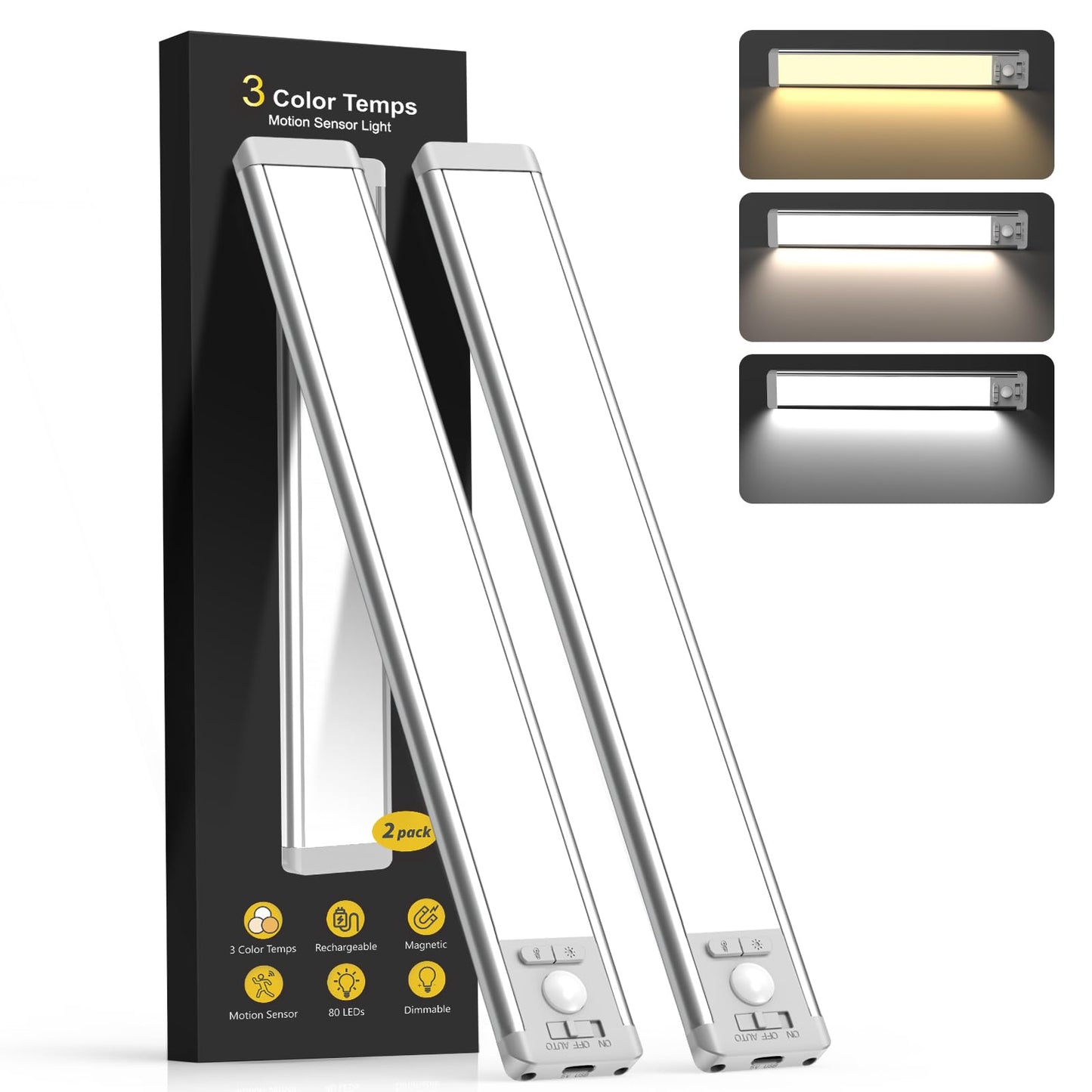 10inch Under Cabinet Lighting, 2 Pack Rechargeable Motion Sensor Light Indoor, 5 Levels Dimmable Magnetic Closet Lights, Wireless Under Counter Lights for Kitchen, Stairs